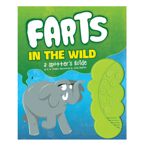 Book cover of 'Farts in the Wild' with an elephant and fart graphic on a green and blue background