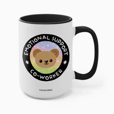 Mug with a bear illustration and text 'Emotional Support Co-Worker' on a white background