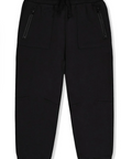 Black jogger pants with an elastic drawstring waist, zippered side pockets, and ribbed ankle cuffs, shown flat on a white background.