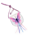 A clear, semi-transparent pouch bag with a pink and purple butterfly design on the front, a matching pink strap, and dangling pink, purple, and blue ribbon tails, shown on a plain white background.