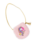 A pink fuzzy pouch bag with a gold strap and tassel, featuring a colorful embroidered unicorn on the front, set against a plain white background.