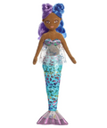 Mermaid doll with a colorful tail and blue hair on a white background
