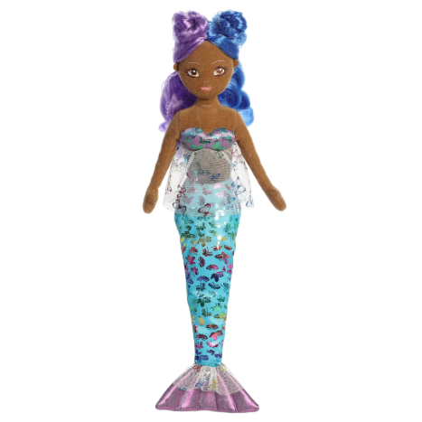 Mermaid doll with a colorful tail and blue hair on a white background