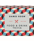 Games Room Food & Drink Trivia box featuring a colorful geometric cube pattern in red, blue, black, and cream, with a white label in the center.