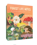 Pack of notecards with forest-themed design featuring flowers, mushrooms, and a hedgehog on an orange background.