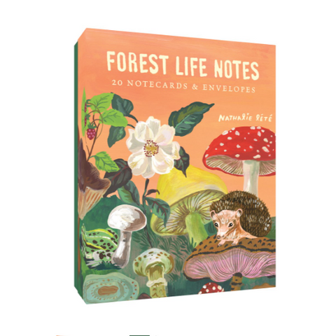 Pack of notecards with forest-themed design featuring flowers, mushrooms, and a hedgehog on an orange background.