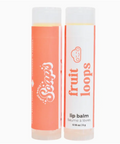 Two lip balm tubes with 'fruit loops' branding on a white background