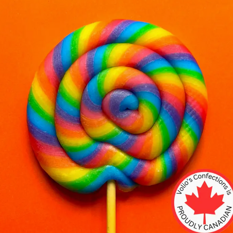 Multicolored spiral lollipop on an orange background with Vollo's Confections logo.