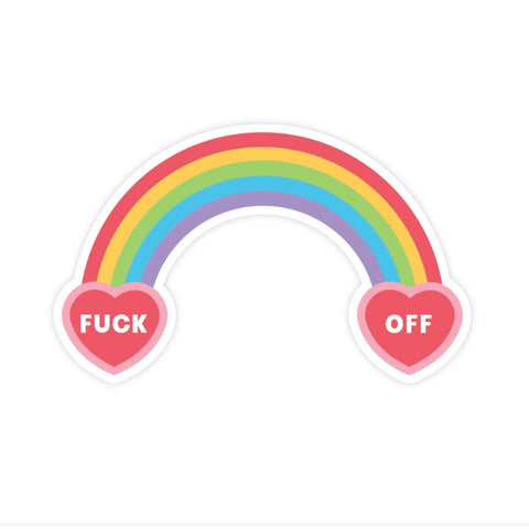 Rainbow with hearts on either end displaying profanity on a white background