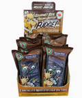 A retail display box filled with individually wrapped packages of Monster Mash chocolate fudge from the Chocolate Moose Fudge Factory, shown against a plain white background.