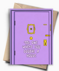 Purple door card with gold handle and text 'The One Where You Bought a House' on a white background