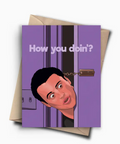 Greeting card with a character from a TV show on a purple background with text 'How you doin?'