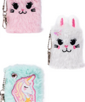 Three small fuzzy plush keychain pouches shown on a plain white background: a pink cat face pouch, a white bunny face pouch, and a mint blue unicorn face pouch, each with a metal clasp.