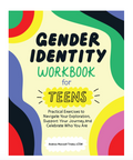 A colorful workbook cover titled 'Gender Identity Workbook for Teens' with bold black and green text on a cream background surrounded by abstract wavy shapes in yellow, green, blue, red, pink, and black.