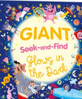 Children's book titled 'Giant Seek-and-Find Glows in the Dark' with colorful illustrations on a blue background.