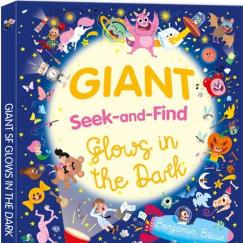 Children's book titled 'Giant Seek-and-Find Glows in the Dark' with colorful illustrations on a blue background.