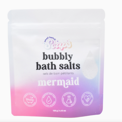 Bag of bubbly bath salts with 'mermaid' flavor on a white background