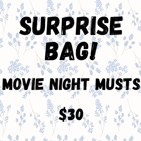 Promotional text for a 'Surprise Bag' movie night kit with floral background