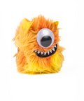 A small plush monster backpack or pouch in fluffy orange and yellow faux fur, featuring a large embroidered eye and a stitched grin with white teeth, centered on a plain white background.