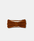 A brown ribbed knit headband with a bow detail, shown flat against a light gray background.