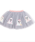 A gray tulle tutu skirt with a pink waistband and four sequined ghost appliqués in white, pink, and yellow, shown against a plain white background.
