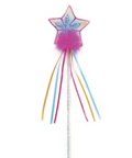 A children's toy magic wand with a glittery silver handle, a pink star-shaped top, and colorful ribbons in blue, pink, orange, and yellow.