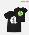 Two black t-shirts with graphic designs on a white background, labeled 'Organic Cotton'.