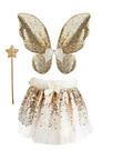 A children's fairy costume set featuring a white tulle skirt with gold sequins, a pair of gold sequin wings with a white bow, and a gold star wand, displayed on a solid white background.