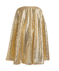 A gold sequined tulle skirt with a pleated, voluminous A-line silhouette, shown against a plain white background.
