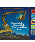 Goodnight, Goodnight, Construction Site board book featuring a yellow excavator on a blue night sky cover with an interactive side panel of colorful buttons.