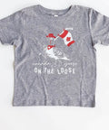 Gray t-shirt with a graphic design of a goose holding a flag and text on a white background