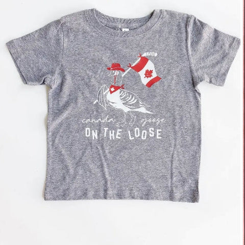 Gray t-shirt with a graphic design of a goose holding a flag and text on a white background