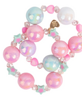 A pastel beaded bracelet featuring iridescent pink and blue beads, light pink faceted beads, mint green star-shaped beads, and a small gold heart charm with a Japanese character, set against a plain white background.