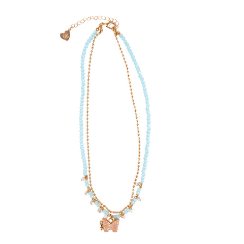 A double-strand necklace featuring light blue faceted beads and rose gold metal chains, with a butterfly charm and a small heart charm at the center, displayed on a solid white background.