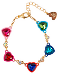 A gold-tone chain bracelet featuring multiple heart-shaped rhinestones in vibrant colors including pink, red, blue, and green, with small clear accent stones and a small heart charm.