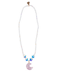 A beaded necklace featuring a white pearl-like chain, three blue star charms, and a glittery pink crescent moon pendant, displayed against a solid white background.