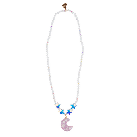 A beaded necklace featuring a white pearl-like chain, three blue star charms, and a glittery pink crescent moon pendant, displayed against a solid white background.