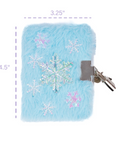 A light blue faux fur journal with embroidered snowflakes, shown with dimension lines indicating a height of 4.5 inches and a width of 3.