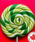 Green and white striped lollipop on a red background with Volio's Confections logo.