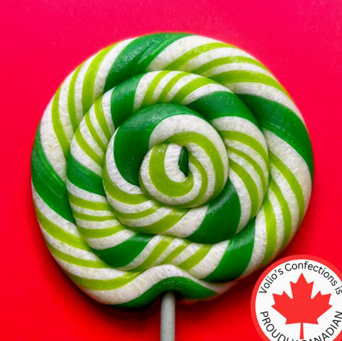 Green and white striped lollipop on a red background with Volio's Confections logo.
