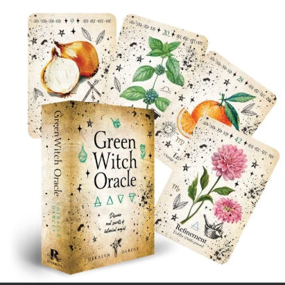 Green Witch Oracle card set with a book titled 'Green Witch Oracle' on a white background.