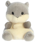 Plush toy resembling a gray and white animal on a white background