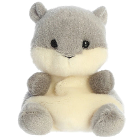 Plush toy resembling a gray and white animal on a white background