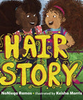Book cover of 'Hair Story' with two children and colorful text.