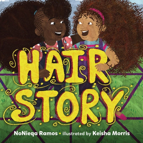 Book cover of 'Hair Story' with two children and colorful text.