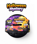 A Halloween mystery blink box product shown on a white background with a large 'Halloween Mystery' logo above it. The product is a round black basket with a colorful printed lid featuring purple clouds, a yellow moon, orange pumpkins, and a haunted house.