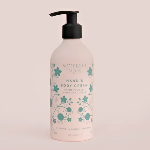 Hand and body cream bottle with floral design on a beige background