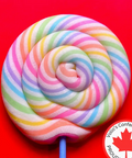 Colorful striped lollipop on a red background with Volos Confections logo.