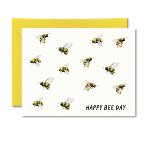 Greeting card with bees and 'Happy Bee Day' text on a white background