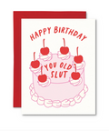 Birthday card with cake illustration and text on a white background